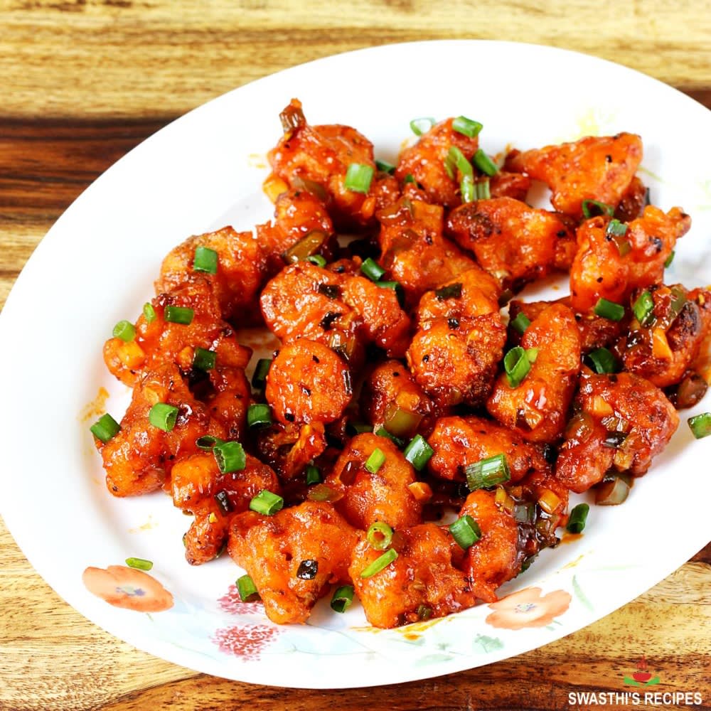 Crispy gobi manchurian in a glossy sauce